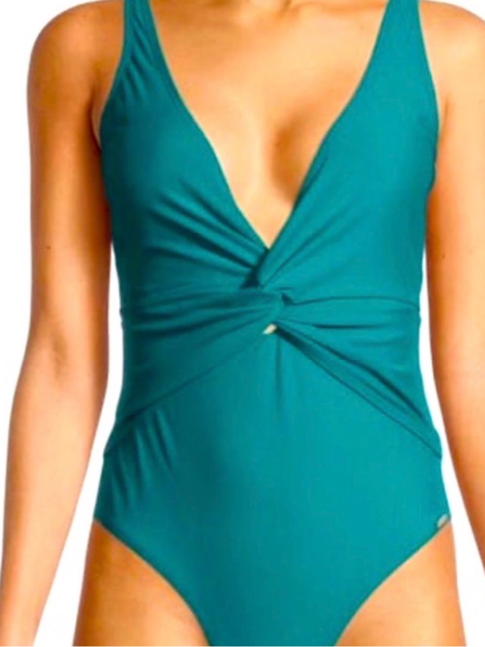NEW Nicole Miller Baltic Twist-Front Plunge One-Piece Swimsuit - Teal-Large